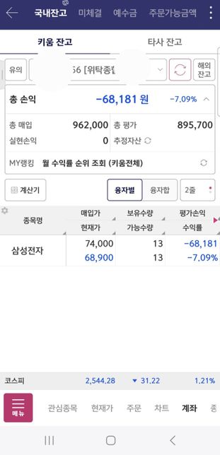 키움증권 hts 원화예수금,평가금액 문의의 1번 째 이미지