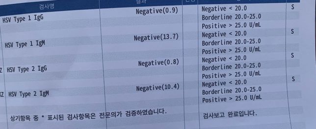 헤르페스 결과지 해석좀 봐주세요!!의 0번 째 이미지