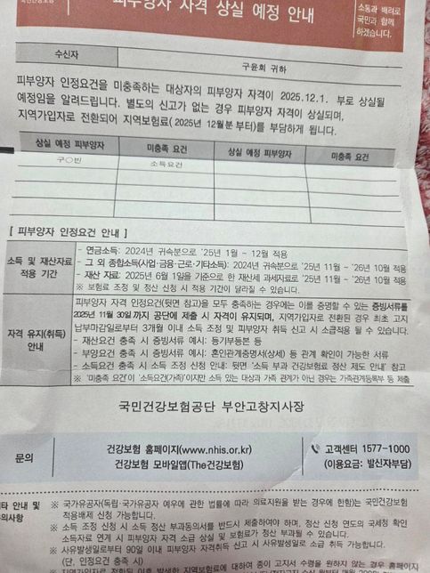 대학생인데 지역건강보험료를 내라는 통지문이의 0번 째 이미지