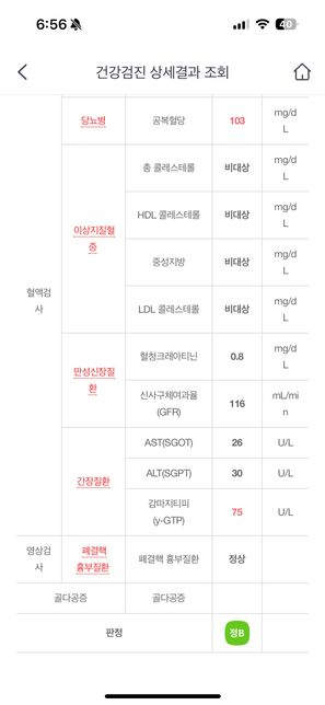 건강검진 결과 공복혈당 103 감마지티피 75의 1번 째 이미지