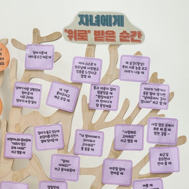 지역문화센터에 강의 들으러 왔는데요.자녀에게 위로 위로 받고 싶은 순간을 나무로 만들어서 두셨는데 나는 내 아이에게 어떤 위로의 말을 듣고 싶을까 그런 순간이 언제일까생각해 봤어요.의 0번 째 이미지