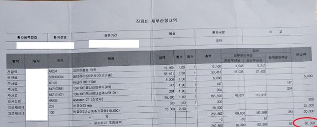 진료비 내역서, 실비 보험 청구 지급액의 1번 째 이미지
