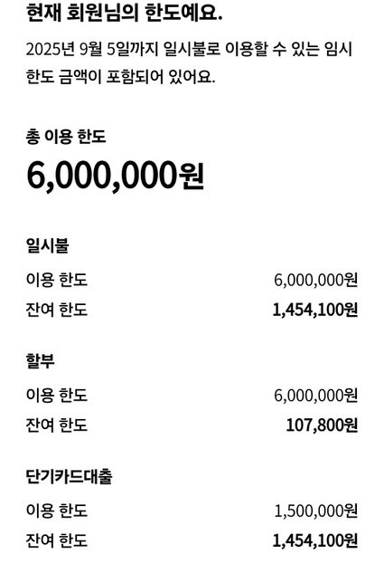 현대카드 임시한도를 쓰는데 단기카드대출 한도도 차감되었어요의 0번 째 이미지