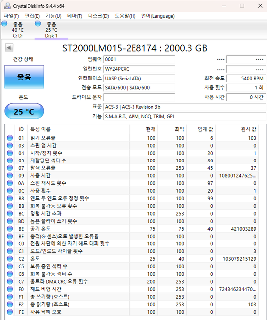 게이트 2테라를 구매했는데 읽기오류울/탐색오류율이 증의 0번 째 이미지