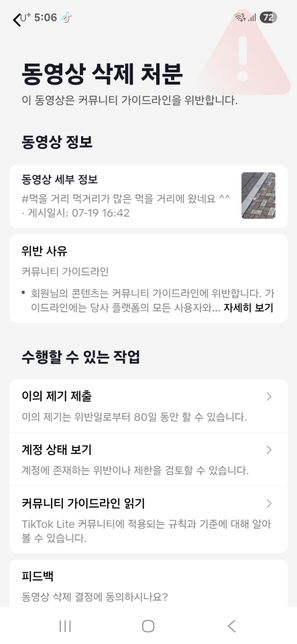 틱톡 가이드라인 위반 동영상강제 삭제의 0번 째 이미지