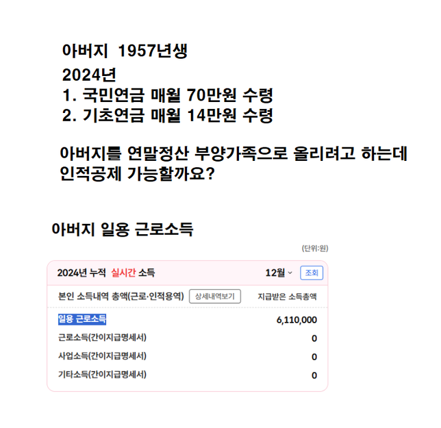 연말정산 부양가족으로 아버지 인적공제 가능할까요?(국민연금, 기초연금, 일용소득)의 0번 째 이미지