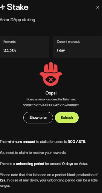 폴카닷 지갑 탈리스만에 아스타코인 스테이킹 에러가 뜨는데 이거왜이런건지 아시는분 있을까요?의 0번 째 이미지