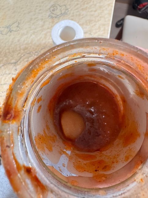 토마토 소스에 있는 이 물체는 뭔가요?의 0번 째 이미지