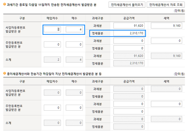 전자 계산서(부가세 없음) 영세율분에 입력하면 되나요?의 0번 째 이미지