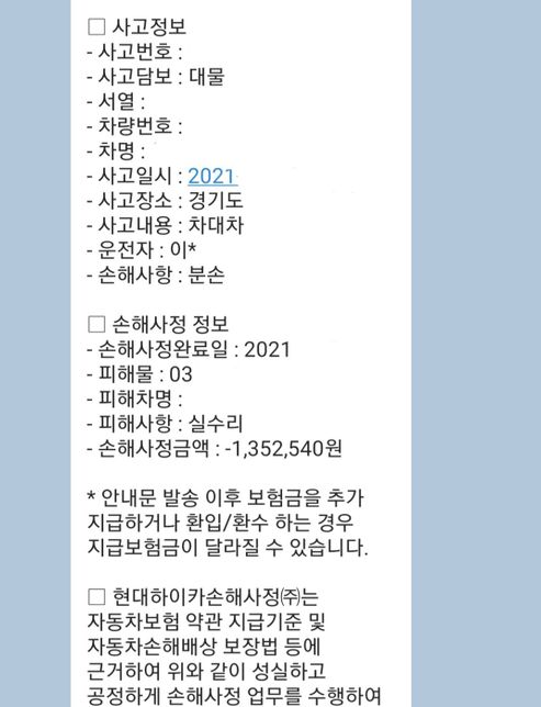 교통사고 후 보험처리 손해사정보고서 금액의 0번 째 이미지