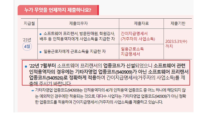 사업소득자 소프트웨어프리랜서 신설코드의 0번 째 이미지