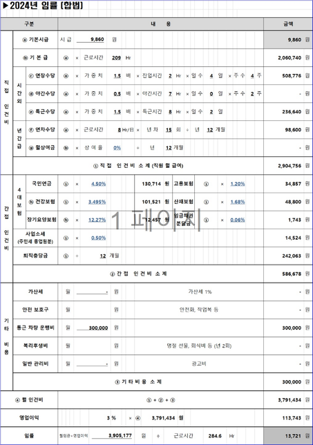 용역업체에 시급관한 산출내역서를 받았습니다의 0번 째 이미지
